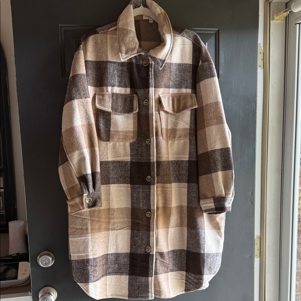 Chic Soul Brown and Cream Plaid Utility Jacket